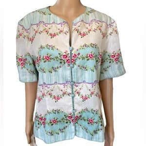 Adrianna Papell Vintage Plus Size Silk Cottagecore Regency Fem Floral Bow Top